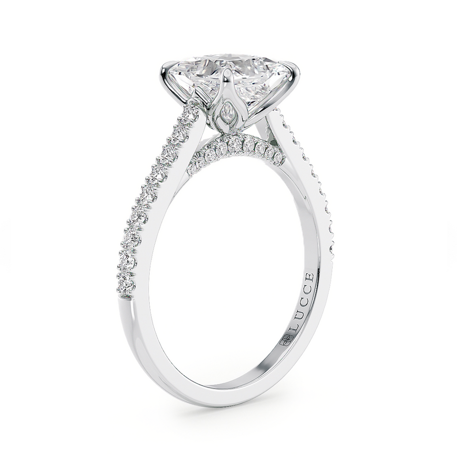 Load image into Gallery viewer, LUCCE Cathedral Cushion Diamond Pavé Engagement Ring with Petal Prongs and Hidden Accent Stones in Gold or Platinum
