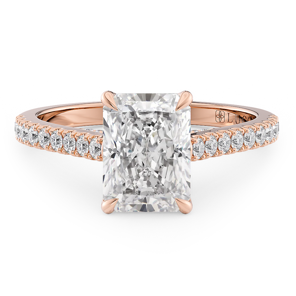 Load image into Gallery viewer, LUCCE Cathedral Radiant Diamond Pave Engagement Ring with Petal Prongs and Hidden Accent Stones in Gold or Platinum
