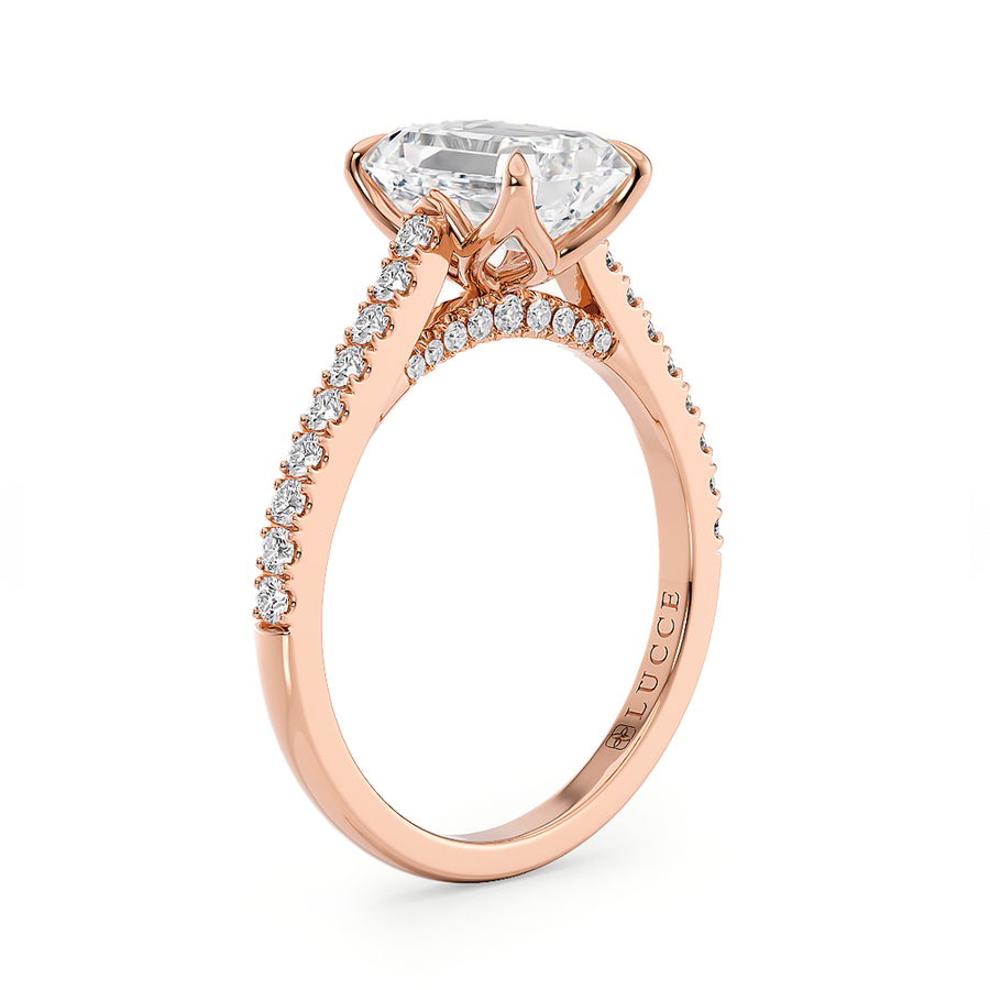 Load image into Gallery viewer, LUCCE Cathedral Radiant Diamond Pave Engagement Ring with Petal Prongs and Hidden Accent Stones in Gold or Platinum
