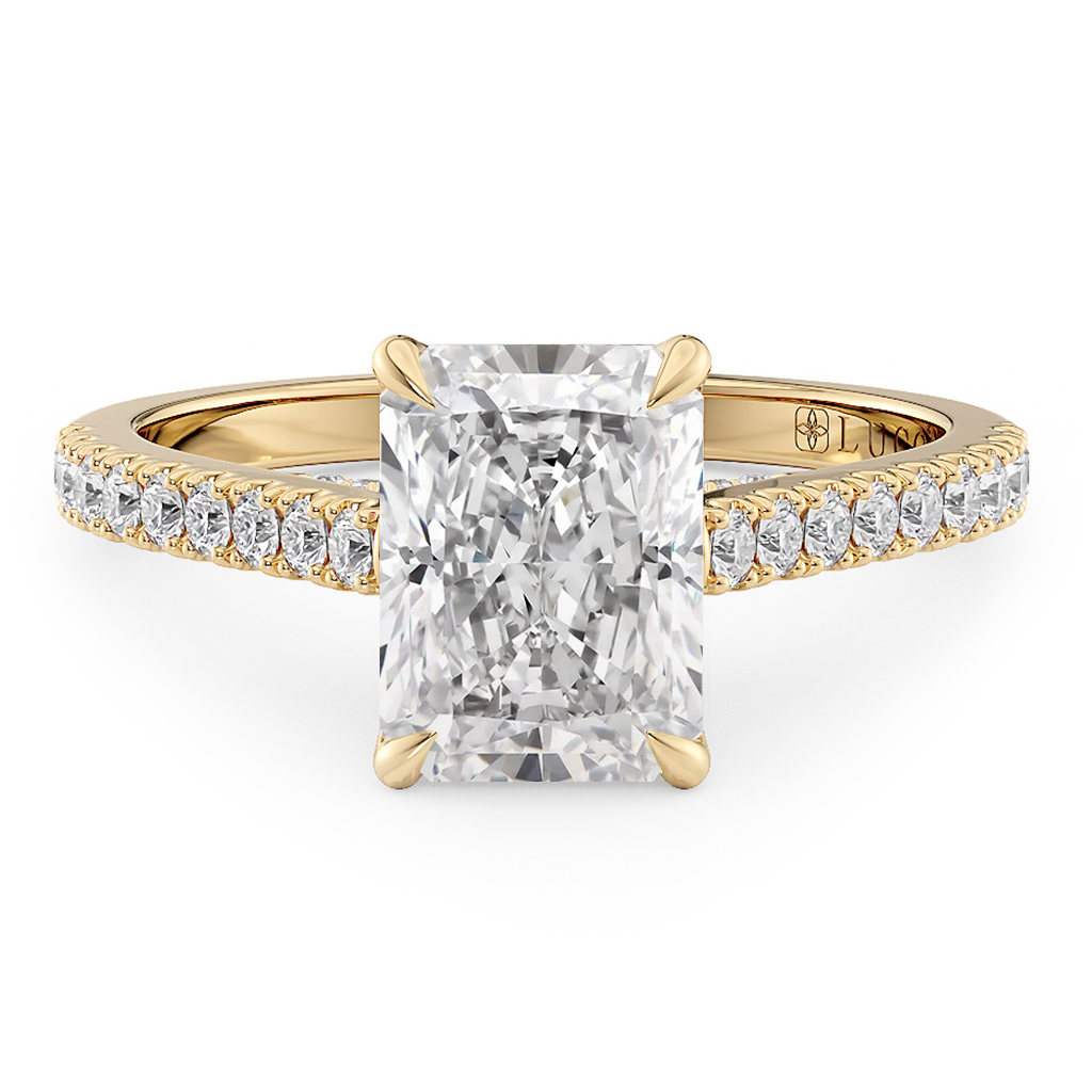 Load image into Gallery viewer, LUCCE Cathedral Radiant Diamond Pave Engagement Ring with Petal Prongs and Hidden Accent Stones in Gold or Platinum
