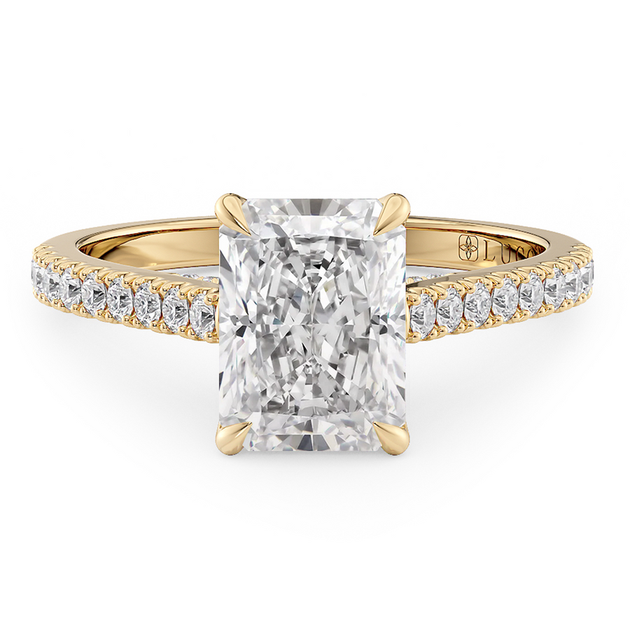 Load image into Gallery viewer, LUCCE Cathedral Radiant Diamond Pave Engagement Ring with Petal Prongs and Hidden Accent Stones in Gold or Platinum
