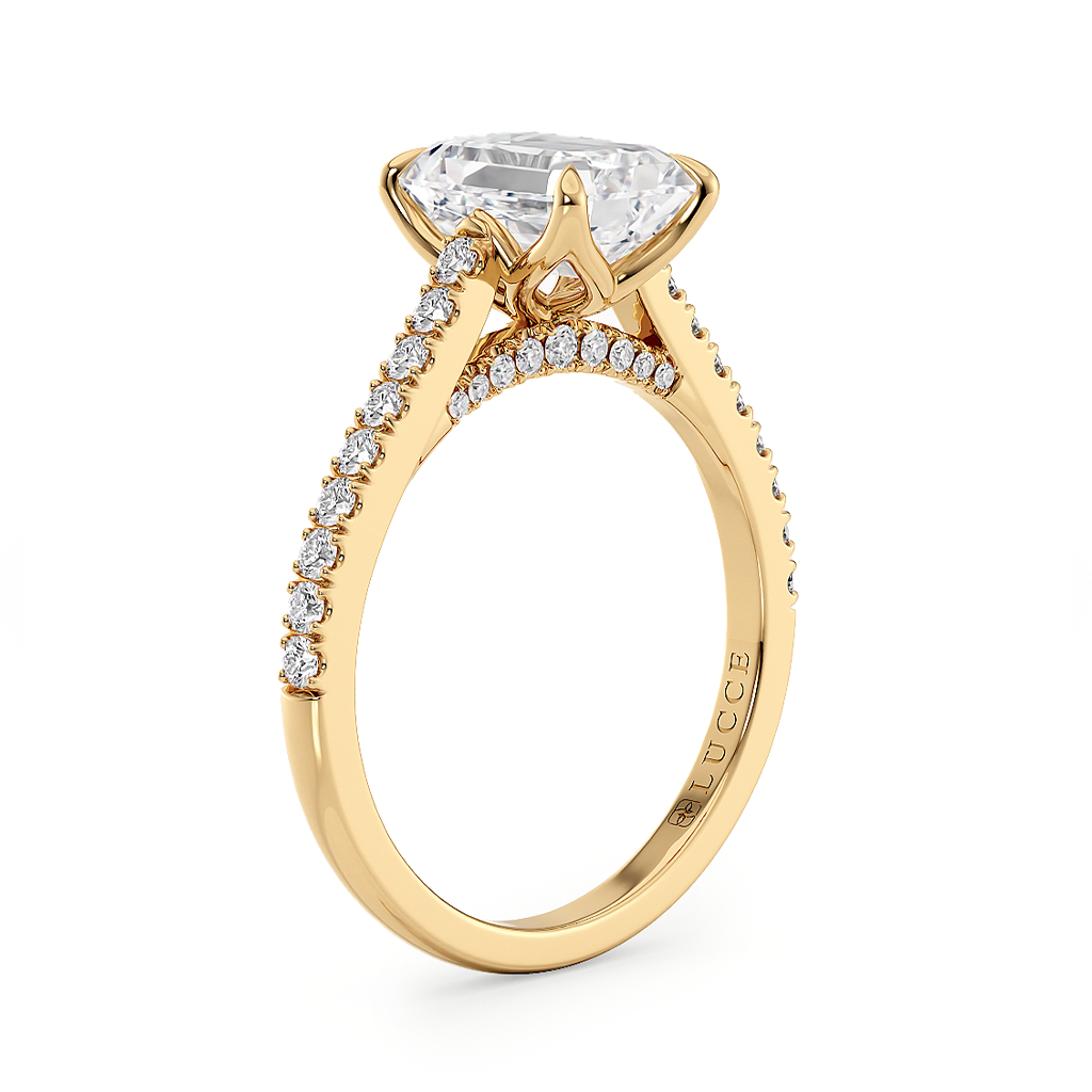 Load image into Gallery viewer, LUCCE Cathedral Radiant Diamond Pave Engagement Ring with Petal Prongs and Hidden Accent Stones in Gold or Platinum
