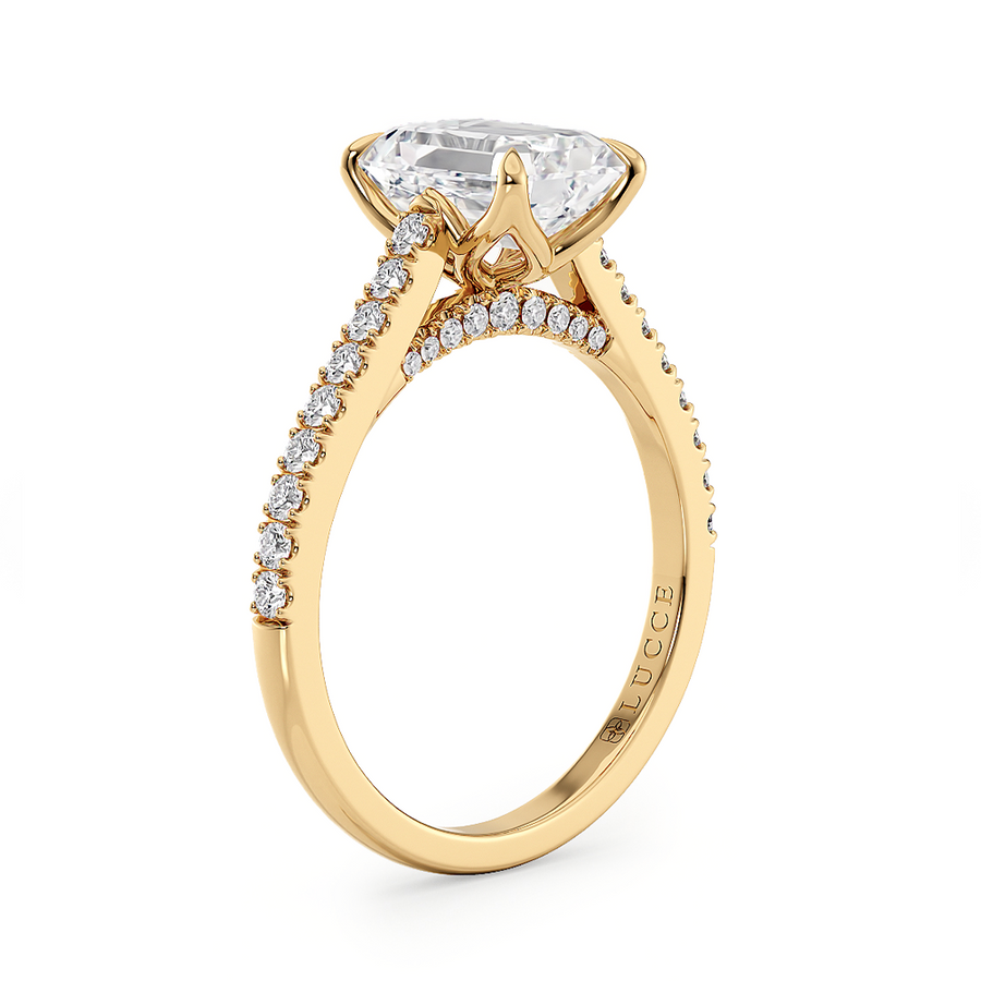 Load image into Gallery viewer, LUCCE Cathedral Radiant Diamond Pave Engagement Ring with Petal Prongs and Hidden Accent Stones in Gold or Platinum
