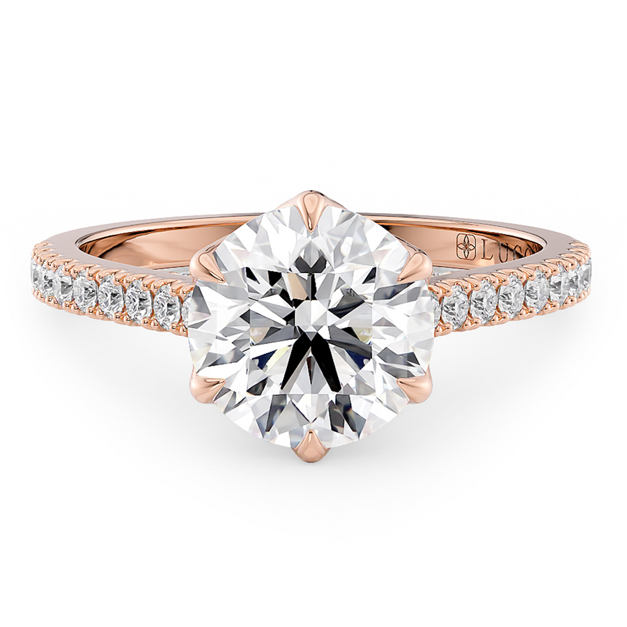 Load image into Gallery viewer, LUCCE Cathedral Round Diamond Pave Engagement Ring with Petal Prongs and Hidden accent Stones in Gold or Platinum
