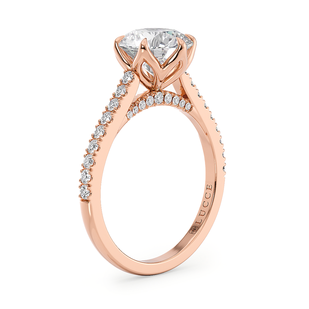 Load image into Gallery viewer, LUCCE Cathedral Round Diamond Pave Engagement Ring with Petal Prongs and Hidden accent Stones in Gold or Platinum
