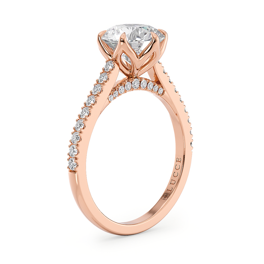 Load image into Gallery viewer, LUCCE Cathedral Round Diamond Pave Engagement Ring with Petal Prongs and Hidden accent Stones in Gold or Platinum
