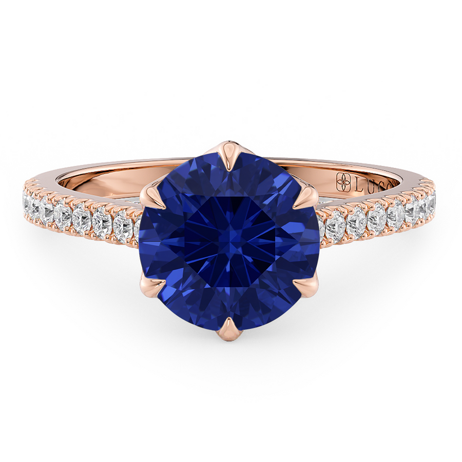 Load image into Gallery viewer, LUCCE Cathedral Round Sapphire Gemstone Pave Engagement Ring with Petal Prongs and Hidden accent Stones in Gold or Platinum
