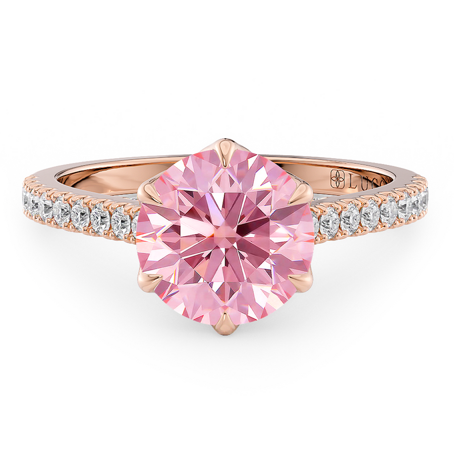 Load image into Gallery viewer, LUCCE Cathedral Round Pink Diamond Pave Engagement Ring with Petal Prongs and Hidden accent Stones in Gold or Platinum
