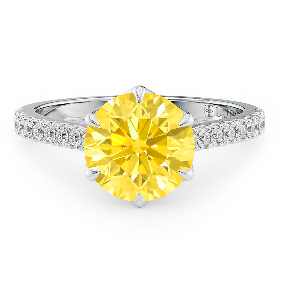Load image into Gallery viewer, LUCCE Cathedral Round Yellow Diamond Pave Engagement Ring with Petal Prongs and Hidden accent Stones in Gold or Platinum
