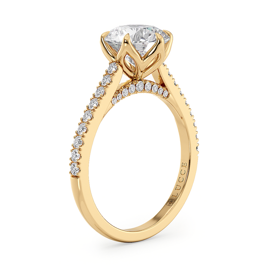 Load image into Gallery viewer, LUCCE Cathedral Round Diamond Pave Engagement Ring with Petal Prongs and Hidden accent Stones in Gold or Platinum
