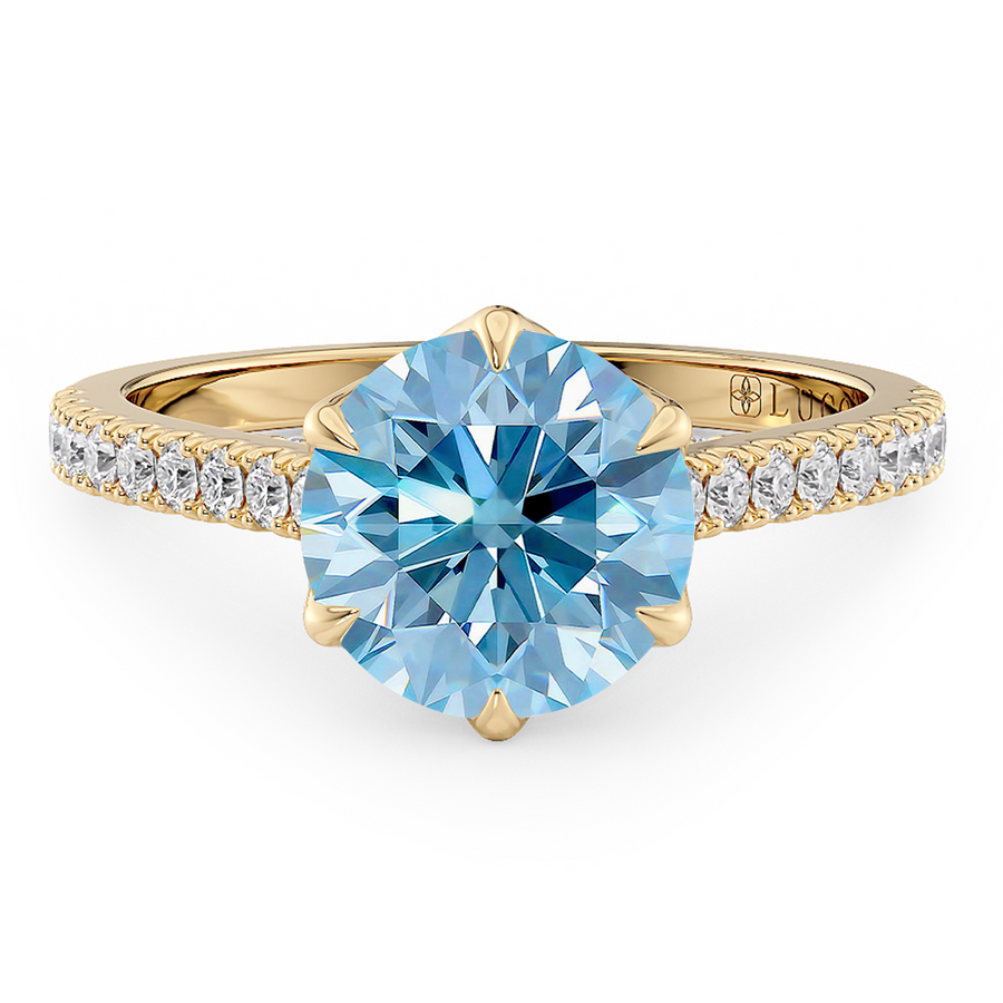 Load image into Gallery viewer, LUCCE Cathedral Round Blue Diamond Pave Engagement Ring with Petal Prongs and Hidden accent Stones in Gold or Platinum
