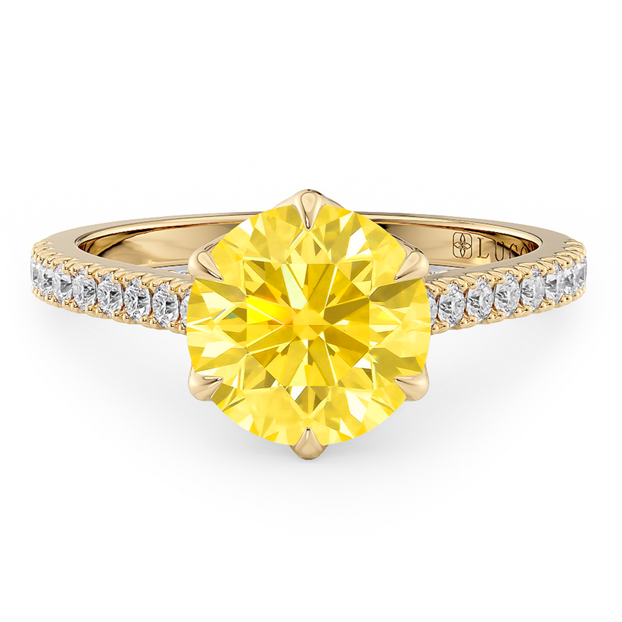 Load image into Gallery viewer, LUCCE Cathedral Round Yellow Diamond Pave Engagement Ring with Petal Prongs and Hidden accent Stones in Gold or Platinum
