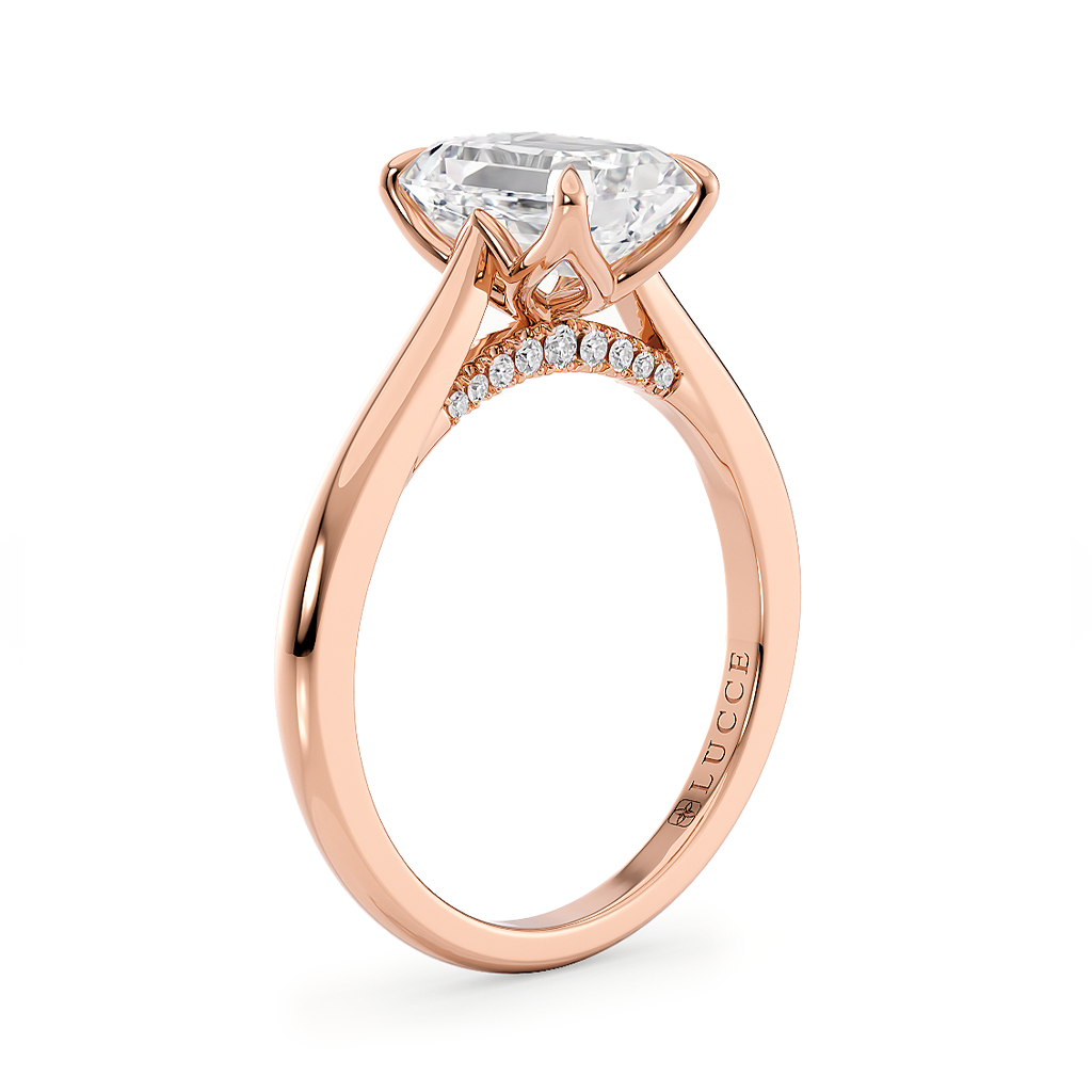 Load image into Gallery viewer, LUCCE Cathedral Radiant Diamond Solitaire Engagement Ring with Petal Prongs and Hidden Accent Stones in Gold or Platinum
