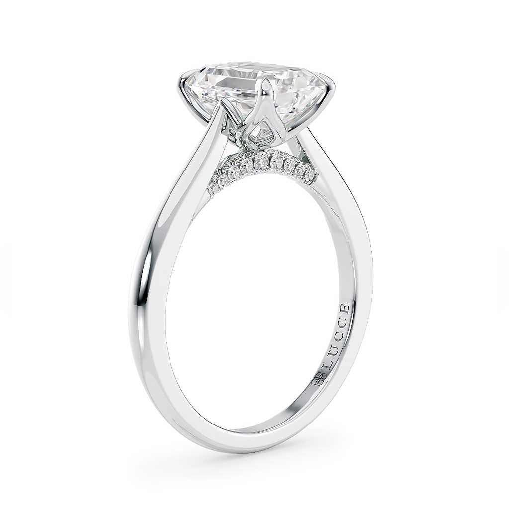 Load image into Gallery viewer, LUCCE Cathedral Radiant Diamond Solitaire Engagement Ring with Petal Prongs and Hidden Accent Stones in Gold or Platinum
