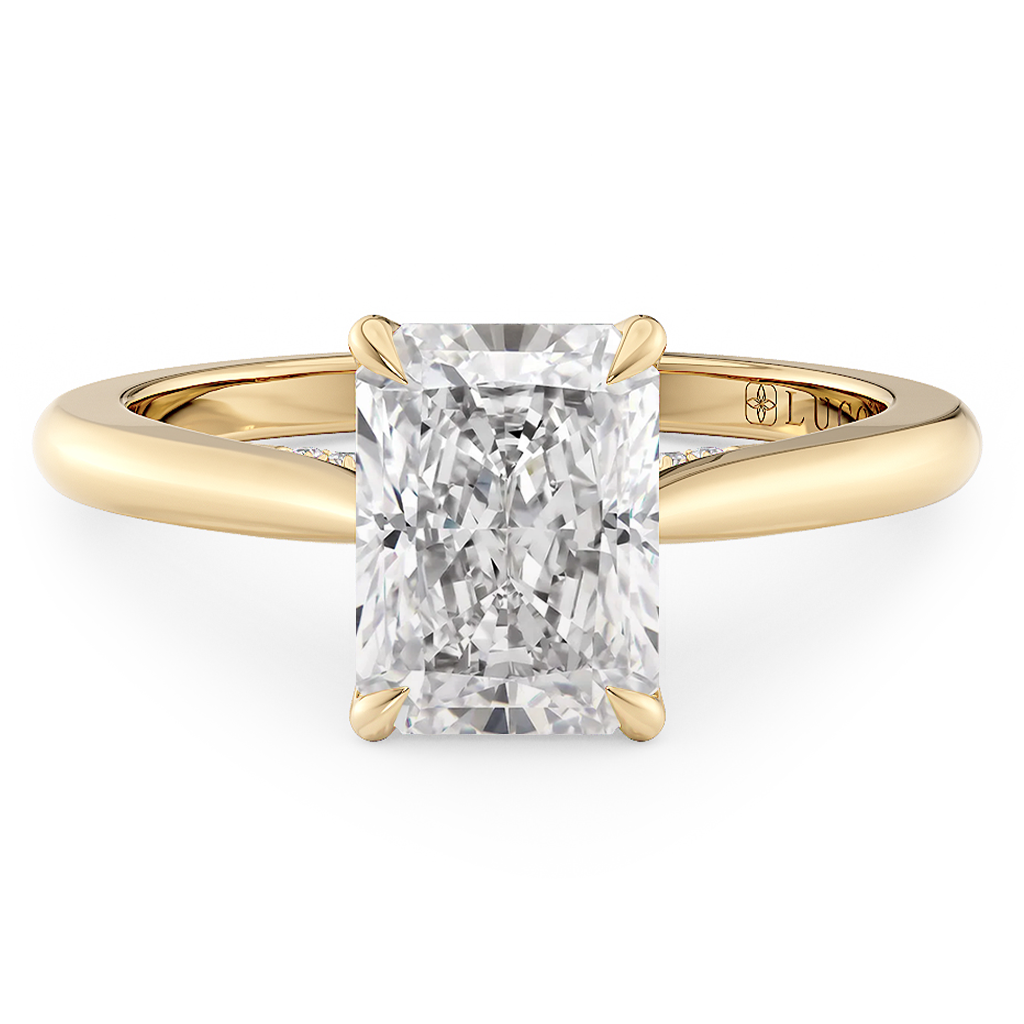 Load image into Gallery viewer, LUCCE Cathedral Radiant Diamond Solitaire Engagement Ring with Petal Prongs and Hidden Accent Stones in Gold or Platinum

