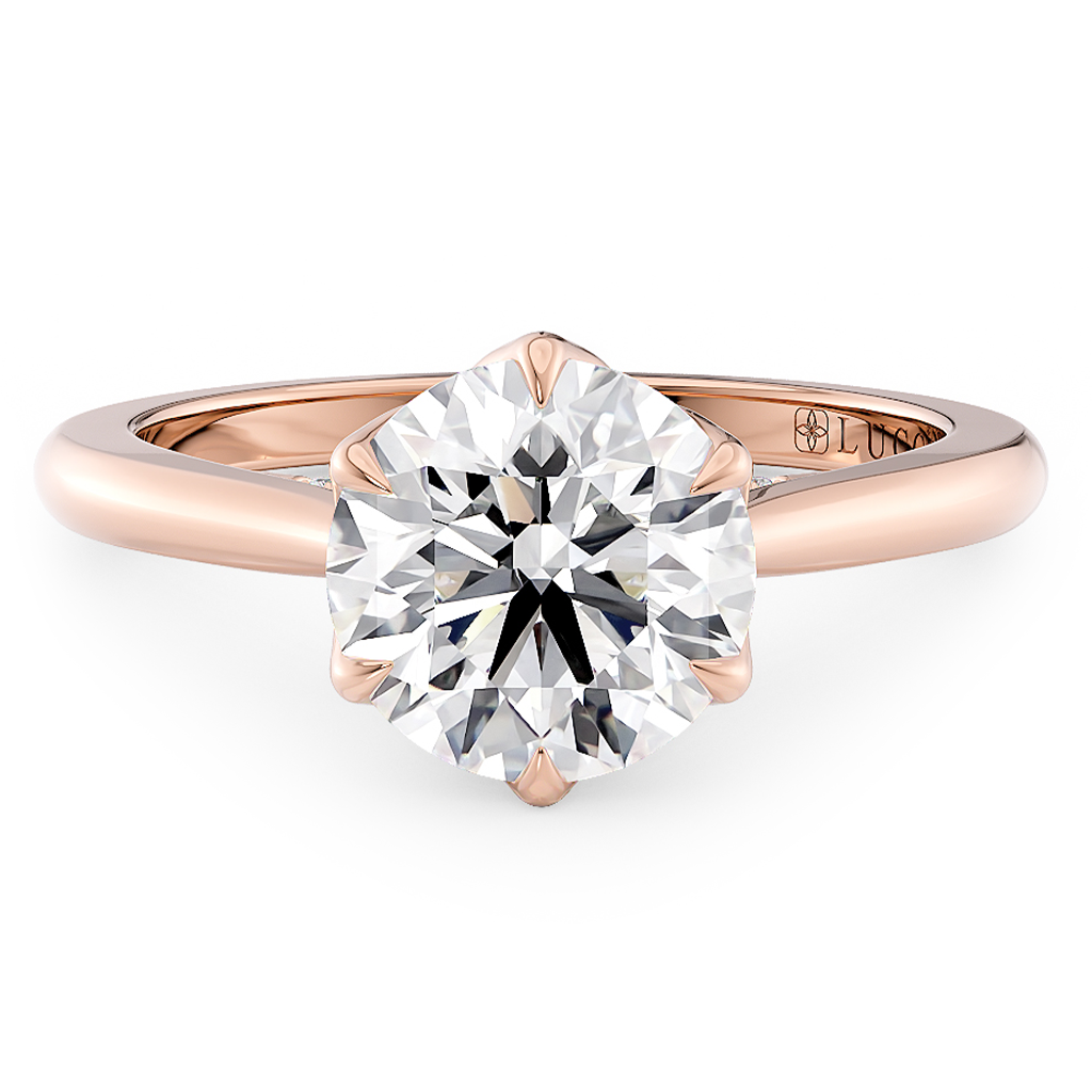 Load image into Gallery viewer, LUCCE Cathedral Round Diamond Solitaire Engagement Ring with Petal Prongs and Hidden accent Stones in Gold or Platinum
