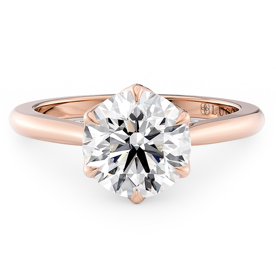 Load image into Gallery viewer, LUCCE Cathedral Round Diamond Solitaire Engagement Ring with Petal Prongs and Hidden accent Stones in Gold or Platinum

