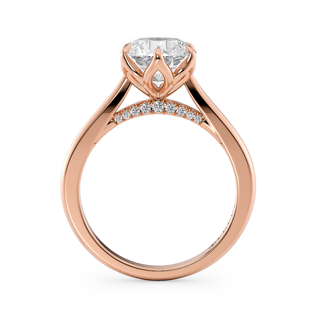 Load image into Gallery viewer, LUCCE Cathedral Round Diamond Solitaire Engagement Ring with Petal Prongs and Hidden accent Stones in Gold or Platinum
