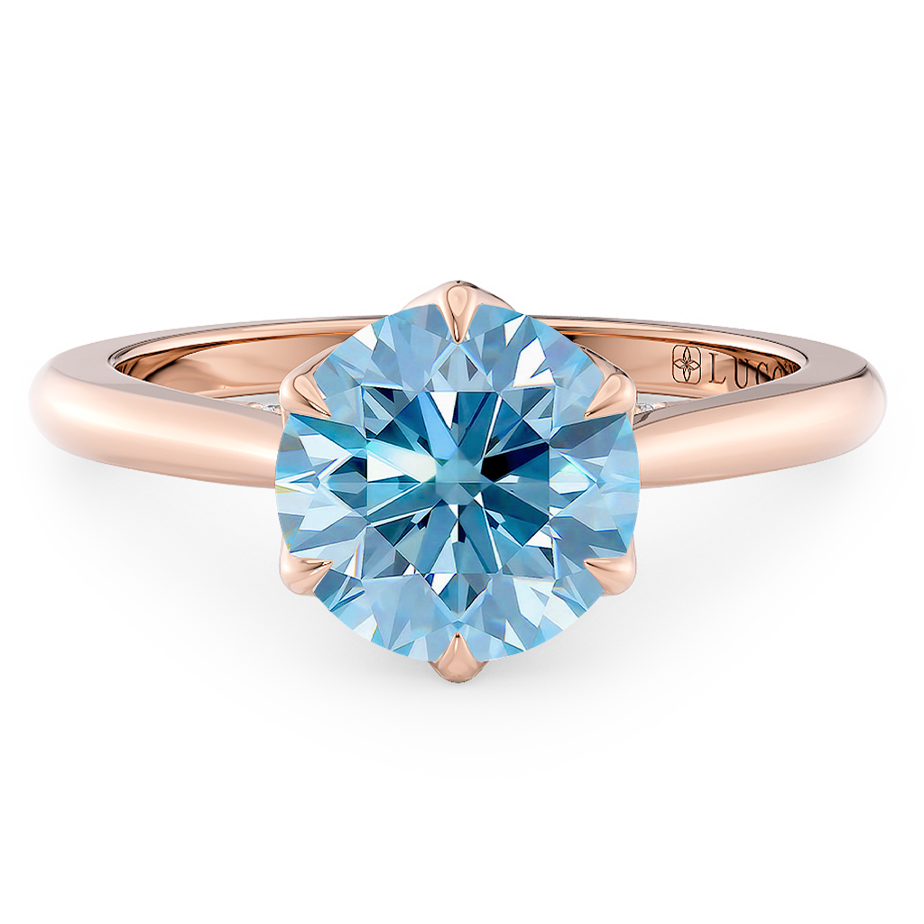 Load image into Gallery viewer, LUCCE Cathedral Round Blue Diamond Solitaire Engagement Ring with Petal Prongs and Hidden accent Stones in Gold or Platinum
