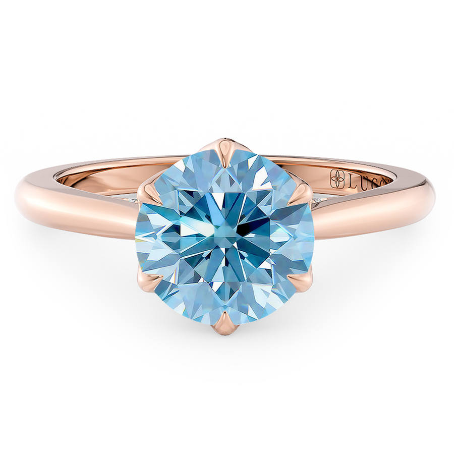 Load image into Gallery viewer, LUCCE Cathedral Round Blue Diamond Solitaire Engagement Ring with Petal Prongs and Hidden accent Stones in Gold or Platinum
