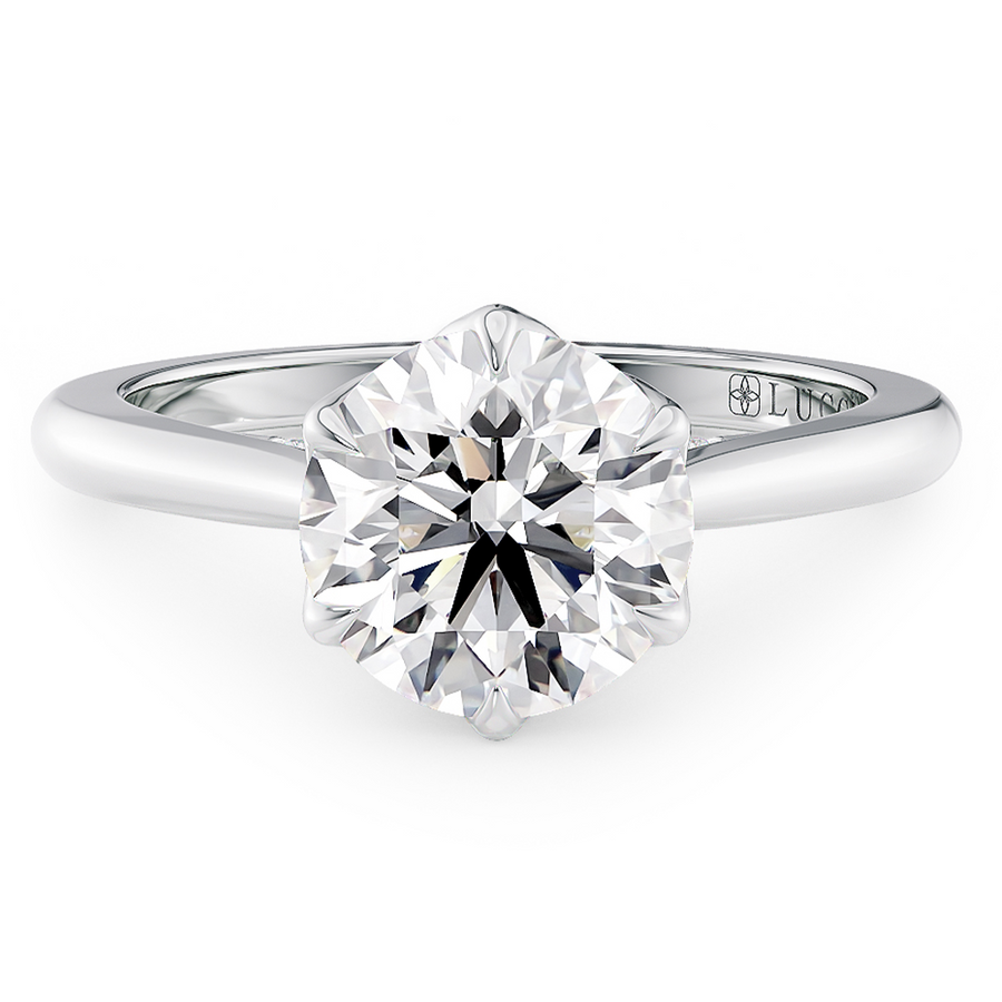 Load image into Gallery viewer, LUCCE Cathedral Round Diamond Solitaire Engagement Ring with Petal Prongs and Hidden accent Stones in Gold or Platinum
