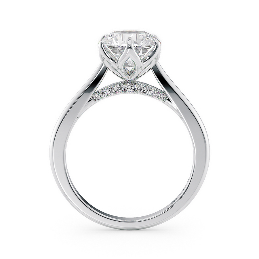 Load image into Gallery viewer, LUCCE Cathedral Round Diamond Solitaire Engagement Ring with Petal Prongs and Hidden accent Stones in Gold or Platinum
