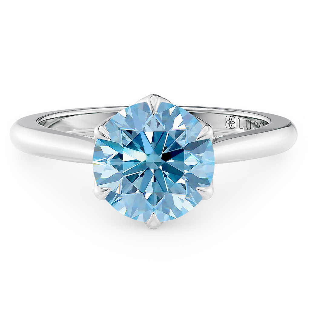 Load image into Gallery viewer, LUCCE Cathedral Round Blue Diamond Solitaire Engagement Ring with Petal Prongs and Hidden accent Stones in Gold or Platinum
