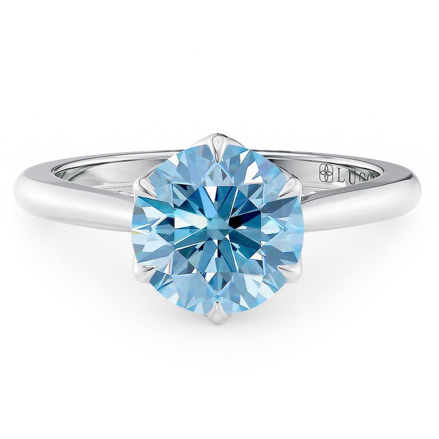 Load image into Gallery viewer, LUCCE Cathedral Round Blue Diamond Solitaire Engagement Ring with Petal Prongs and Hidden accent Stones in Gold or Platinum
