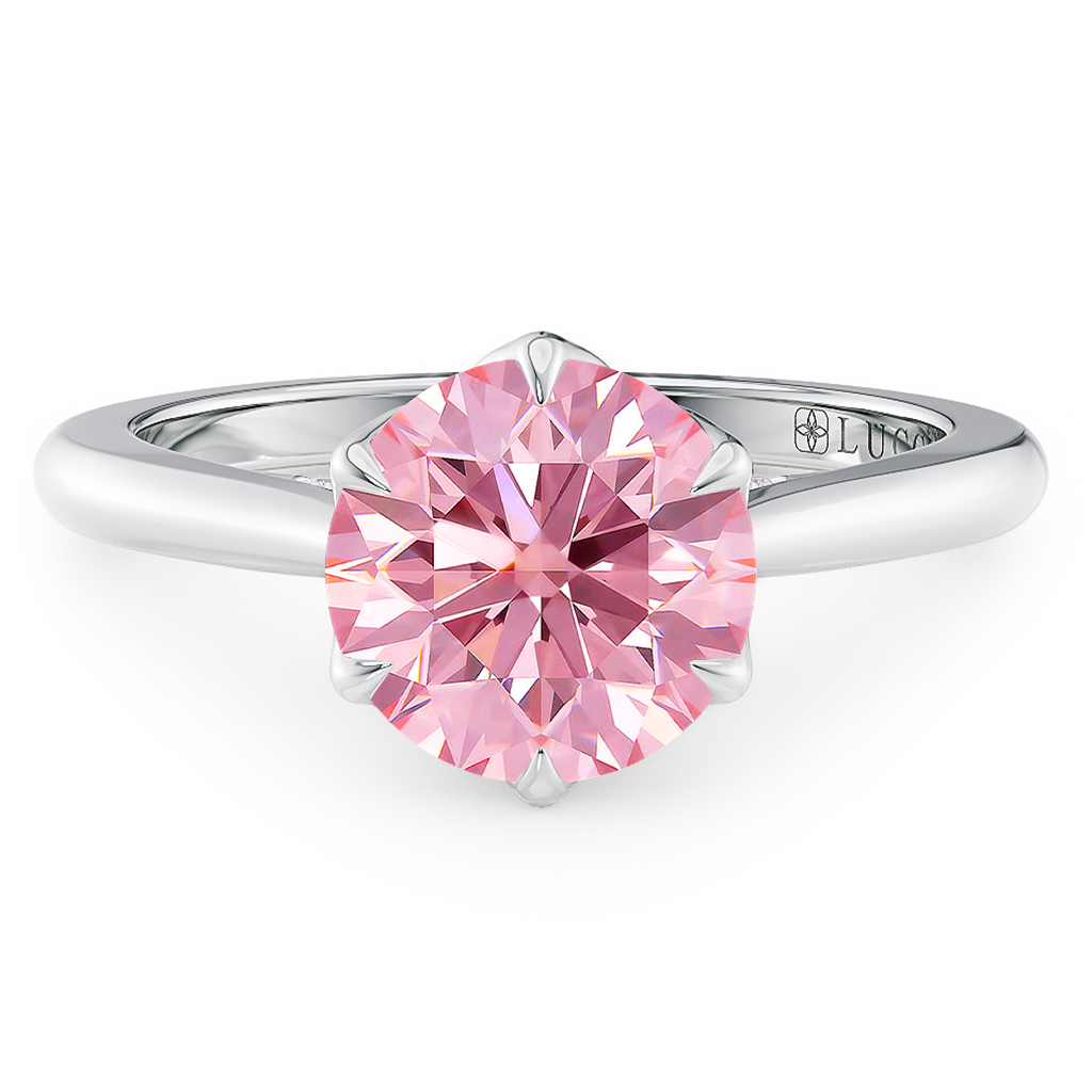 Load image into Gallery viewer, LUCCE Cathedral Round Pink Diamond Solitaire Engagement Ring with Petal Prongs and Hidden accent Stones in Gold or Platinum
