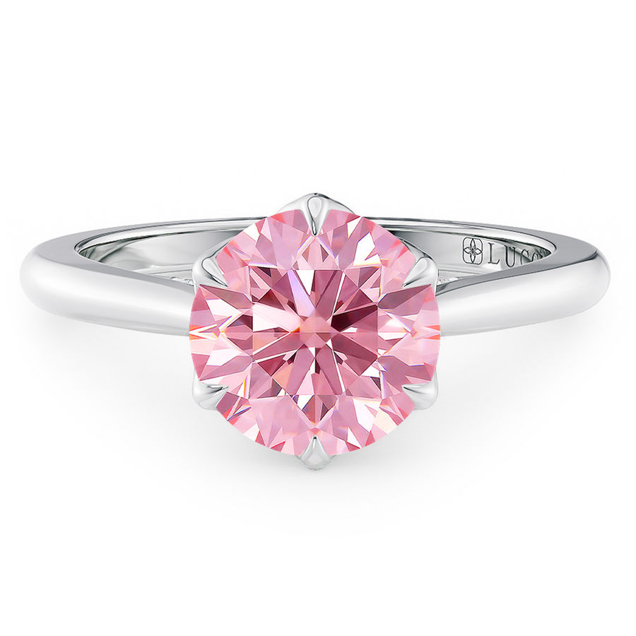 Load image into Gallery viewer, LUCCE Cathedral Round Pink Diamond Solitaire Engagement Ring with Petal Prongs and Hidden accent Stones in Gold or Platinum

