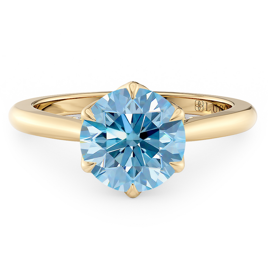 Load image into Gallery viewer, LUCCE Cathedral Round Blue Diamond Solitaire Engagement Ring with Petal Prongs and Hidden accent Stones in Gold or Platinum

