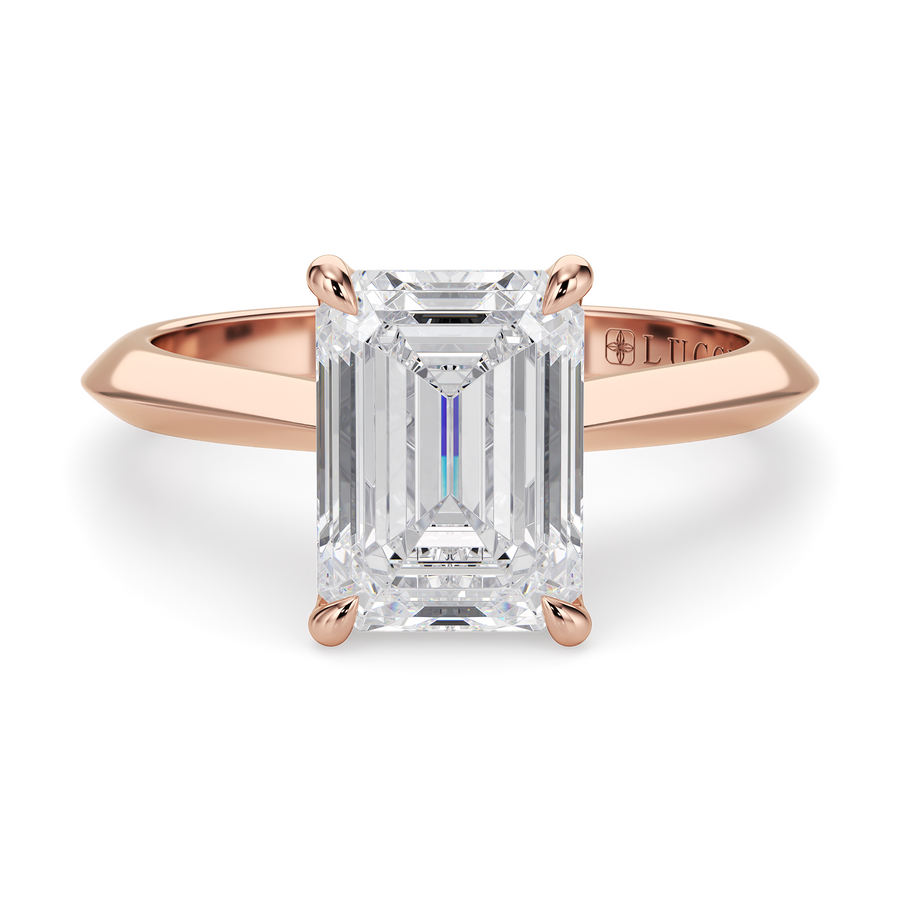 Load image into Gallery viewer, LUCCE Knife Edge Cathedral Emerald Diamond Solitaire Engagement Ring with Overlapping Petal Prongs in Gold or Platinum
