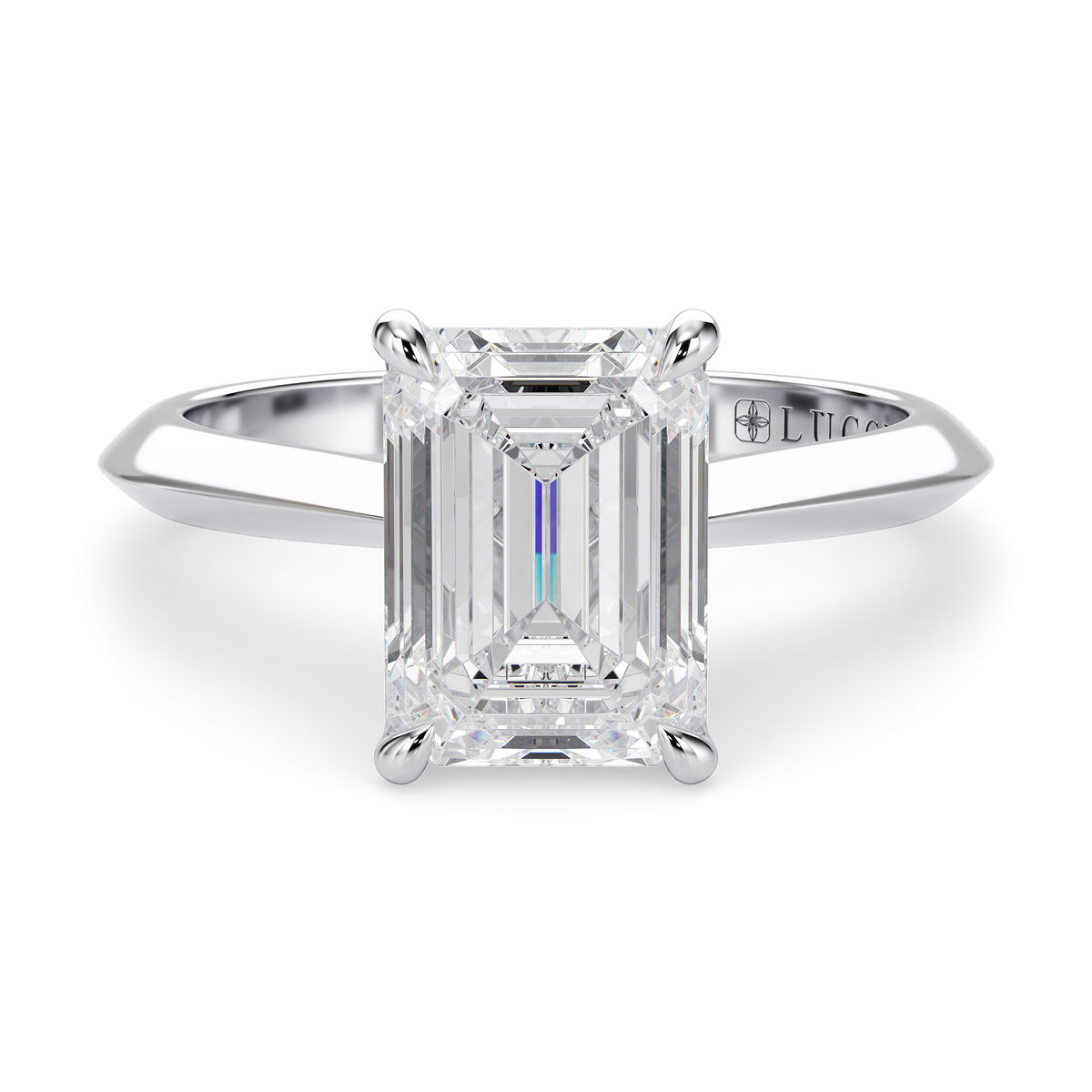 Load image into Gallery viewer, LUCCE Knife Edge Cathedral Emerald Diamond Solitaire Engagement Ring with Overlapping Petal Prongs in Gold or Platinum
