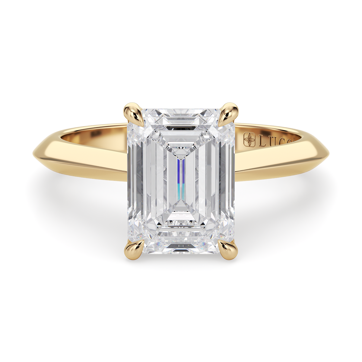 Load image into Gallery viewer, LUCCE Knife Edge Cathedral Emerald Diamond Solitaire Engagement Ring with Overlapping Petal Prongs in Gold or Platinum
