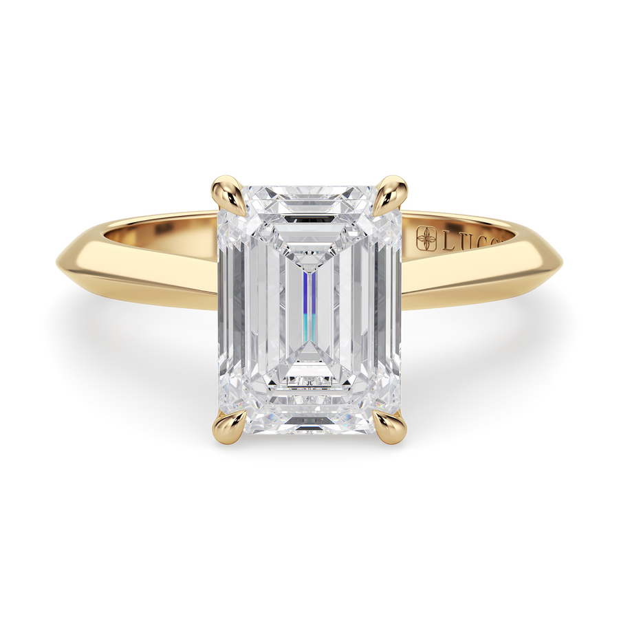 Load image into Gallery viewer, LUCCE Knife Edge Cathedral Emerald Diamond Solitaire Engagement Ring with Overlapping Petal Prongs in Gold or Platinum
