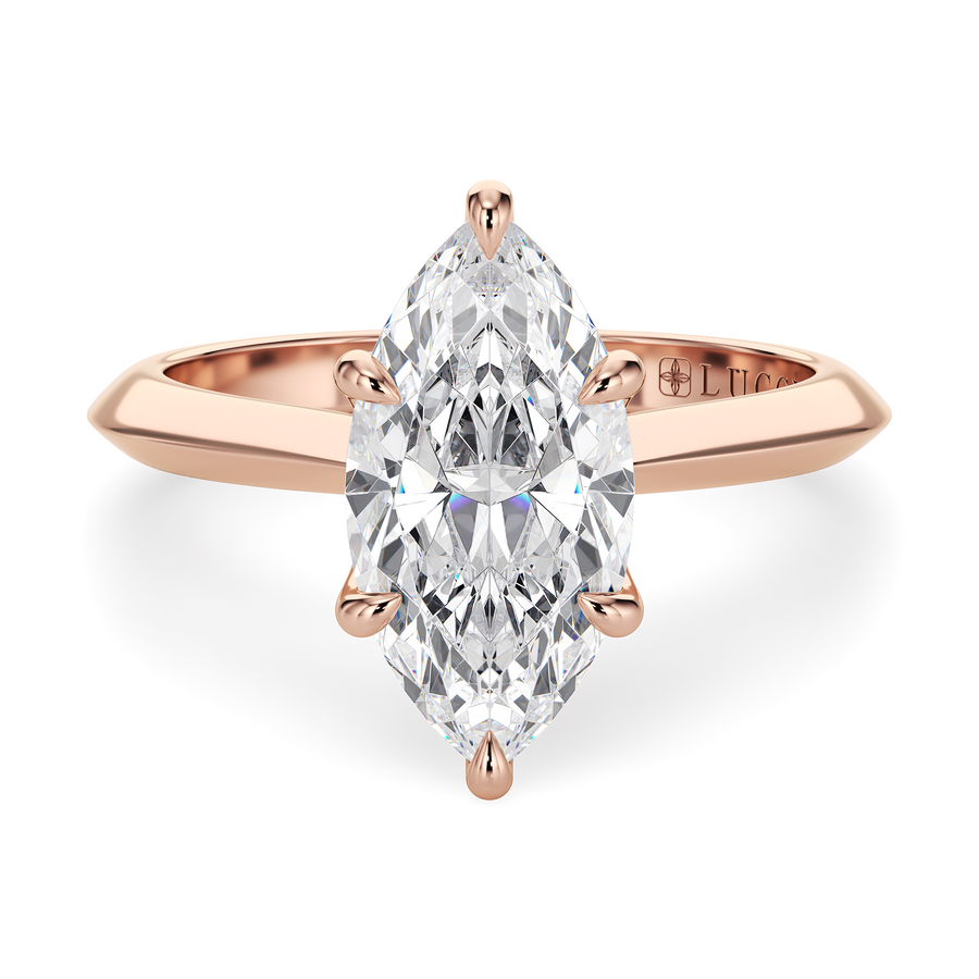 Load image into Gallery viewer, LUCCE Knife Edge Cathedral Marquise Diamond Solitaire Engagement Ring with Overlapping Petal Prongs in Gold or Platinum
