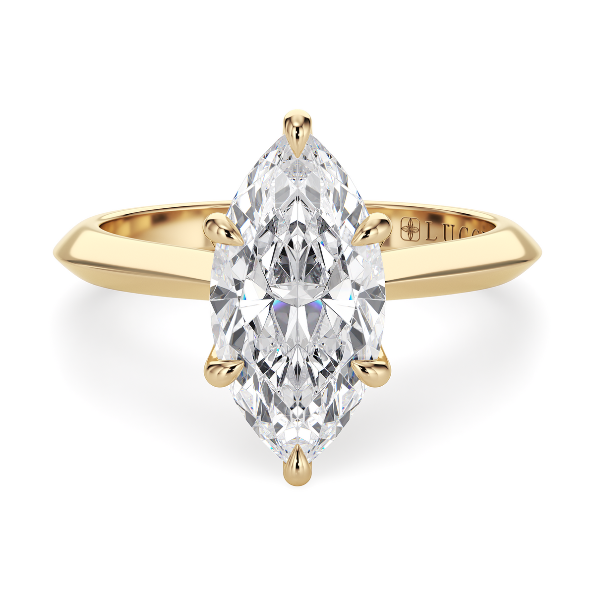 Load image into Gallery viewer, LUCCE Knife Edge Cathedral Marquise Diamond Solitaire Engagement Ring with Overlapping Petal Prongs in Gold or Platinum
