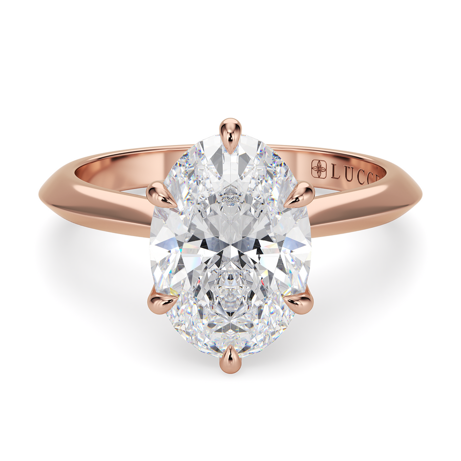 Load image into Gallery viewer, LUCCE Knife Edge Cathedral Oval Diamond Solitaire Engagement Ring with Overlapping Petal Prongs in Gold or Platinum
