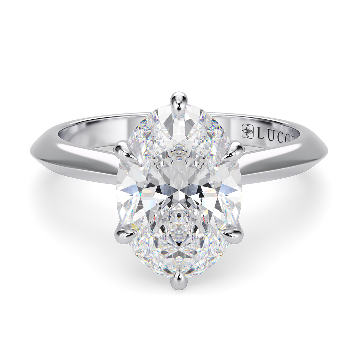 Load image into Gallery viewer, LUCCE Knife Edge Cathedral Oval Diamond Solitaire Engagement Ring with Overlapping Petal Prongs in Gold or Platinum
