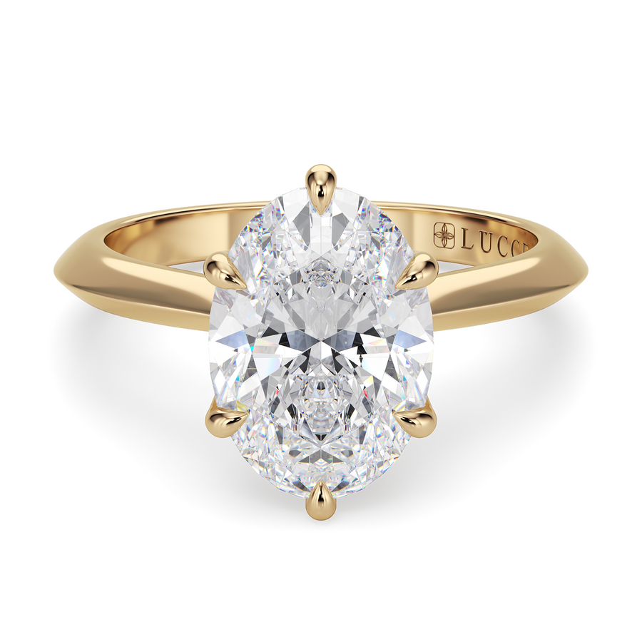 Load image into Gallery viewer, LUCCE Knife Edge Cathedral Oval Diamond Solitaire Engagement Ring with Overlapping Petal Prongs in Gold or Platinum
