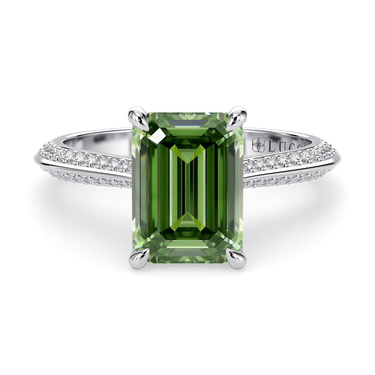 Load image into Gallery viewer, LUCCE Knife Edge Cathedral Emerald Green Diamond Pavé Engagement Ring with Overlapping Petal Prongs in Gold or Platinum
