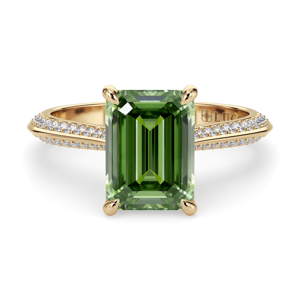 Load image into Gallery viewer, LUCCE Knife Edge Cathedral Emerald Green Diamond Pavé Engagement Ring with Overlapping Petal Prongs in Gold or Platinum
