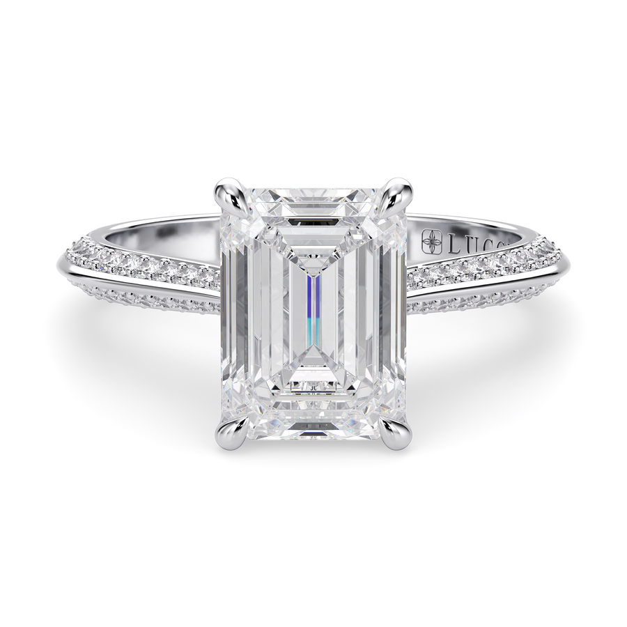 Load image into Gallery viewer, LUCCE Knife Edge Cathedral Emerald Diamond Pavé Engagement Ring with Overlapping Petal Prongs in Gold or Platinum
