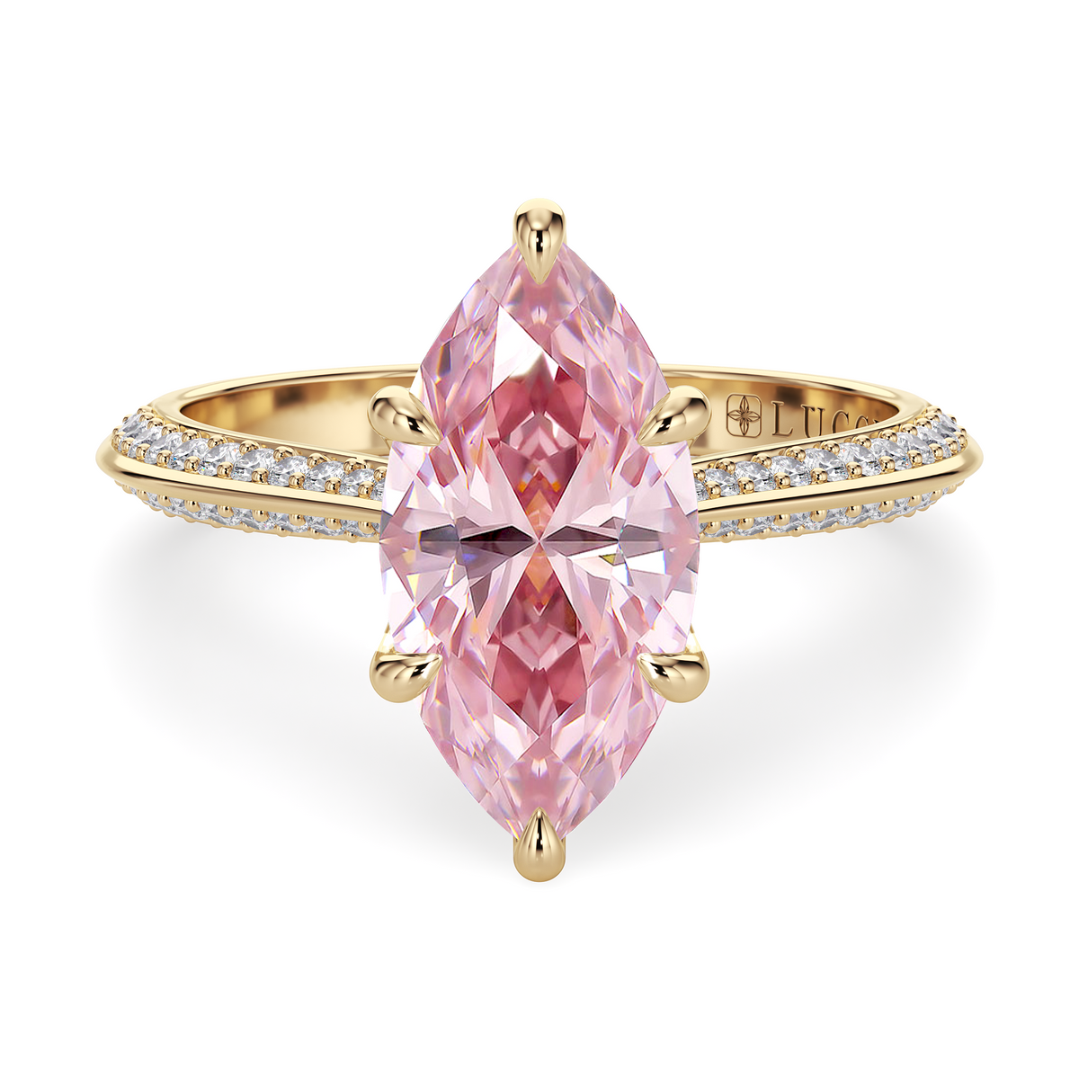 Load image into Gallery viewer, ECUADORIAN Floral Pave Pink Marquise Diamond engagement ring with Knife Edge and petal prongs  in  Yellow Gold
