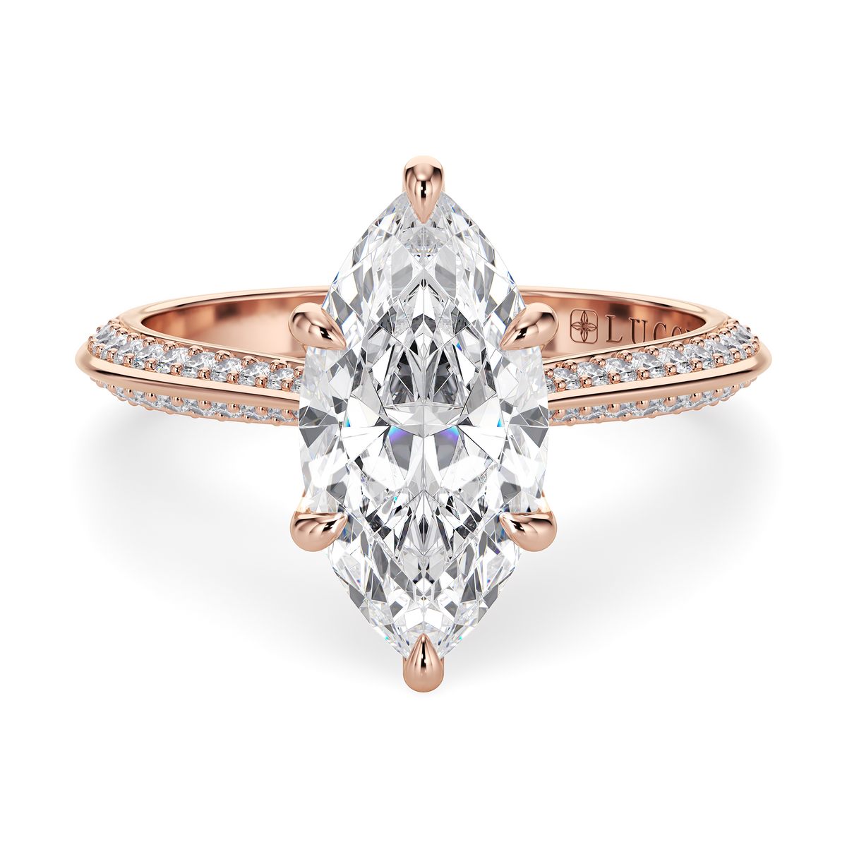 Load image into Gallery viewer, LUCCE Knife Edge Cathedral Marquise Diamond Pavé Engagement Ring with Overlapping Petal Prongs in Gold or Platinum
