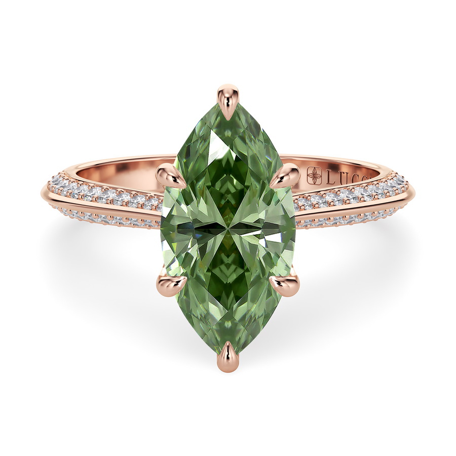 Load image into Gallery viewer, LUCCE Knife Edge Cathedral Marquise Green Diamond Pavé Engagement Ring with Overlapping Petal Prongs in Gold or Platinum
