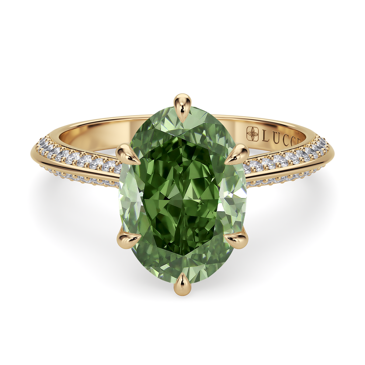 Load image into Gallery viewer, LUCCE Knife Edge Cathedral Oval Green Diamond Pavé Engagement Ring with Overlapping Petal Prongs in Gold or Platinum
