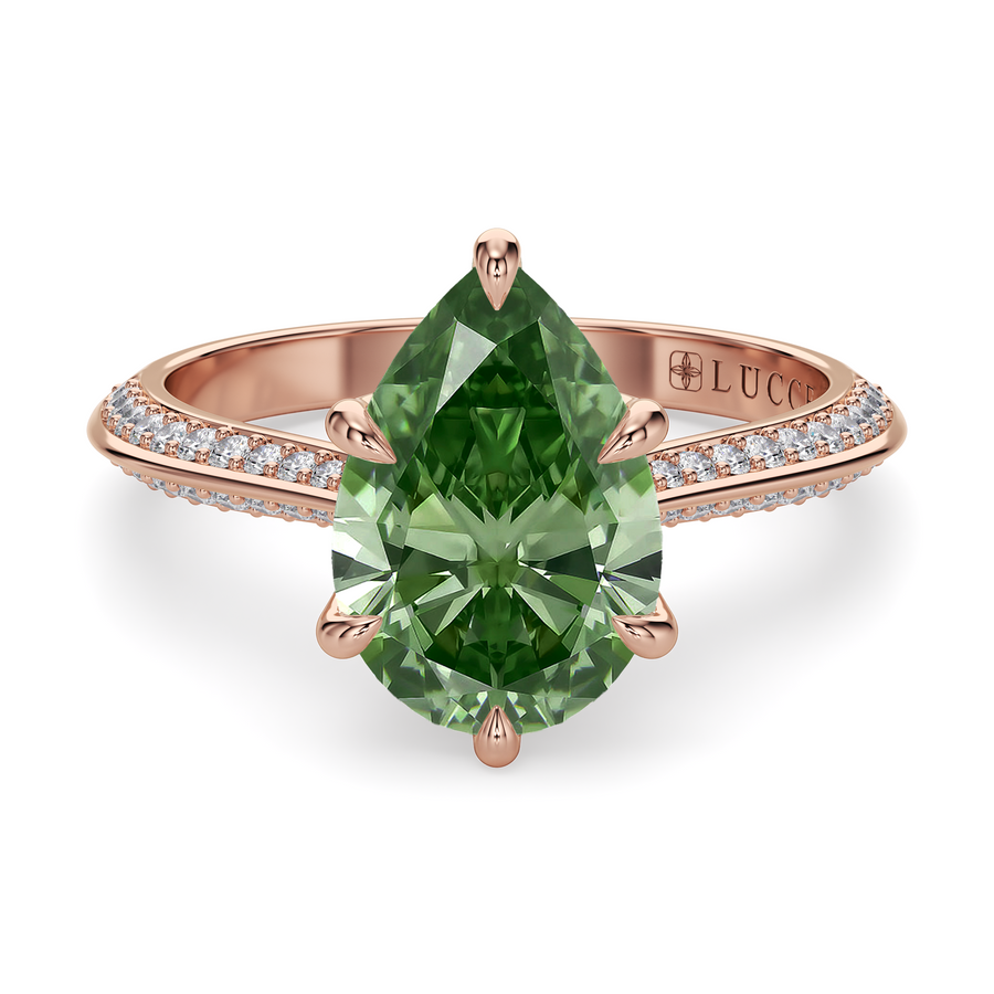 Load image into Gallery viewer, LUCCE Knife Edge Cathedral Pear Green Diamond Pavé Engagement Ring with Overlapping Petal Prongs in Gold or Platinum
