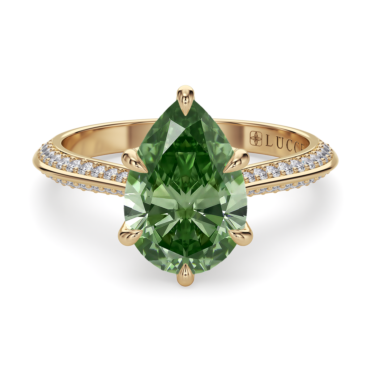 Load image into Gallery viewer, LUCCE ECUADORIAN™ Pavé Pear VERDANT™ Lab Diamond 3.03ct Fancy Vivid Green VS1 18K Yellow Gold
