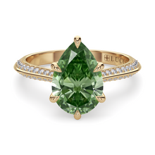 Load image into Gallery viewer, ECUADORIAN Floral Pave Green Diamond engagement ring with Knife Edge and petal prongs  in  Yellow Gold
